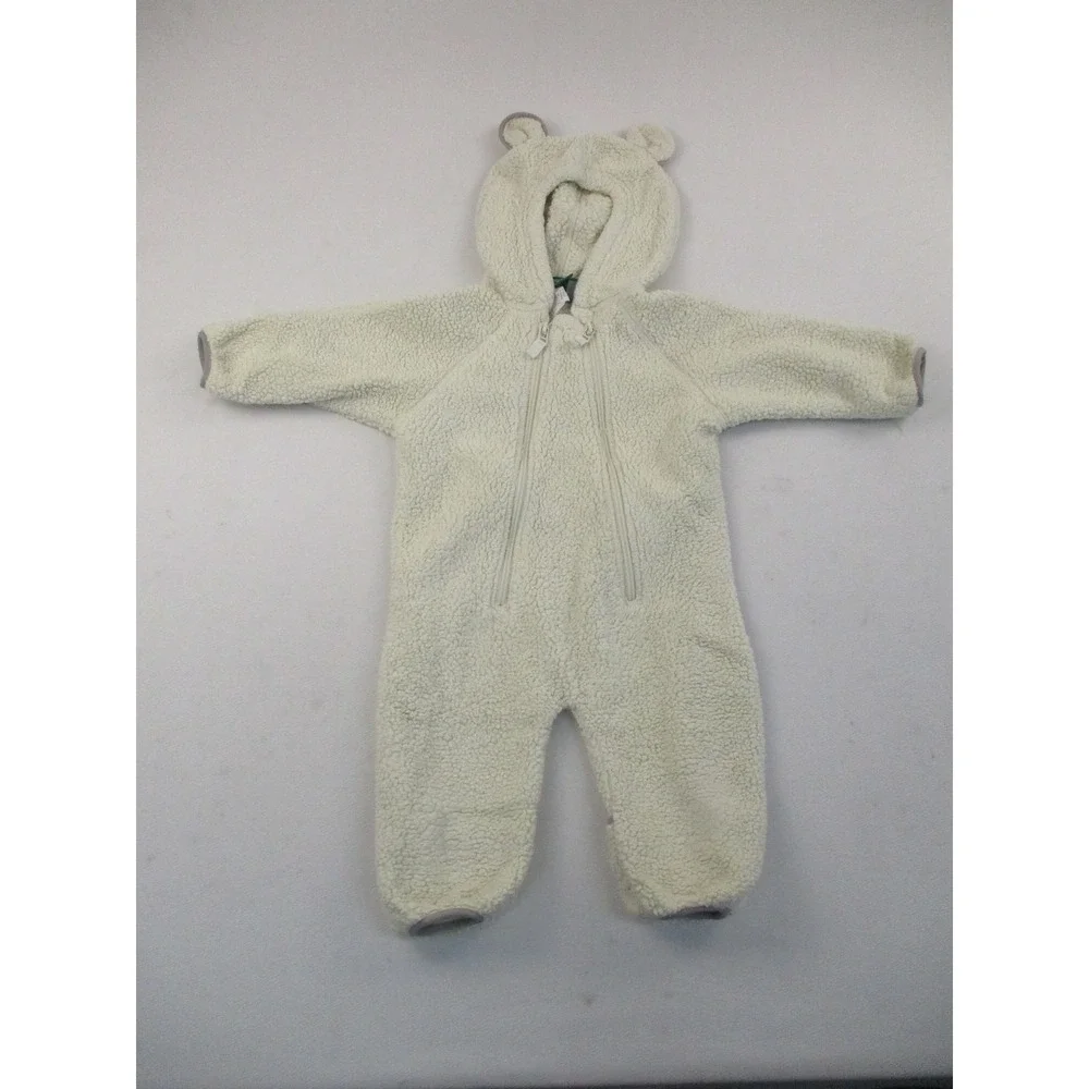 LL Bean Fleece Bunting Unisex 3-6M Cream Hi-Pile Sherpa Bear Ear Hood 244704